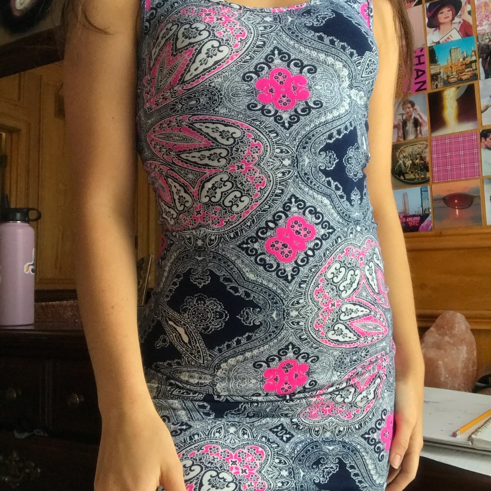 paisley pink & navy bodycon dress
